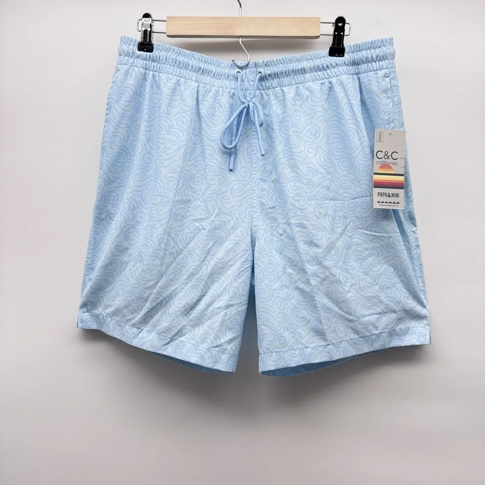 C&C California Men's Swim Trunks Large Inseam 7'' Blue Swirl Wave Shorts NWT